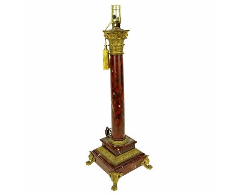 Antique Empire Style Rouge Marble and Bronze Column Lamp. Acanthus leaves motif and stands on paw feet. Measures 24-5/8" H x 