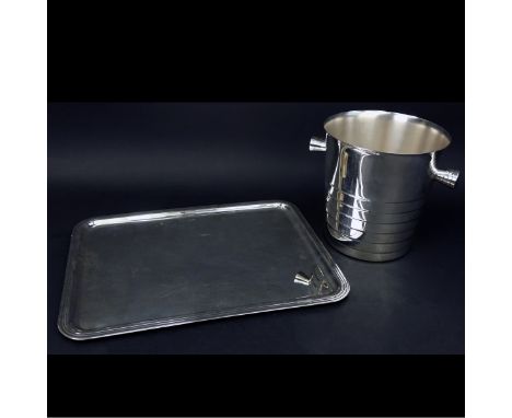 Christofle Silver Plate Ice Bucket and Tray. Signed. Ice bucket measures 8" H, tray measures 16-1/2" x 12-1/2". Condition: Li