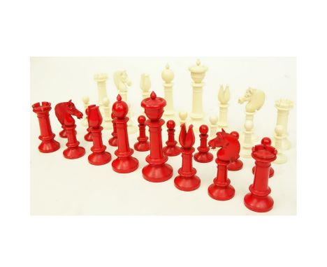 19th Century Staunton Ivory 32 Piece Chess Set. Wood box included. Natural and stained red pieces. Unsigned. Wood box include