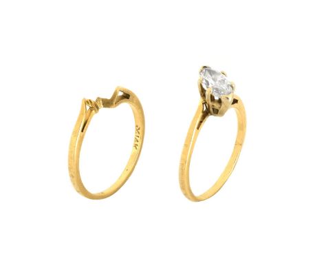 Vintage Approx. .75 Carat Marquise Cut Diamond and 14 Karat Yellow Gold Engagement Ring and Wedding Band Set. Approx. .75 cts