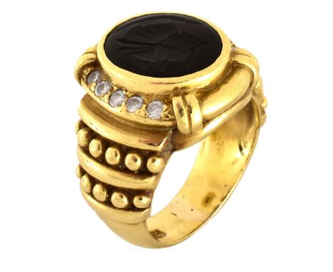 Vintage Judith Ripka Black Onyx, Diamond and 14 Karat Yellow Gold Intaglio Ring. Signed. Ring size 5. Approx. weight: 11.1 gr
