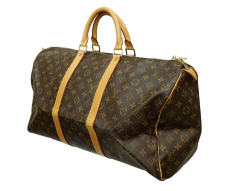 Louis Vuitton Brown Canvas Monogram Keepall 50 Travel Bag. Golden brass hardware, brown interior. Luggage Tag, Handle Strap, 