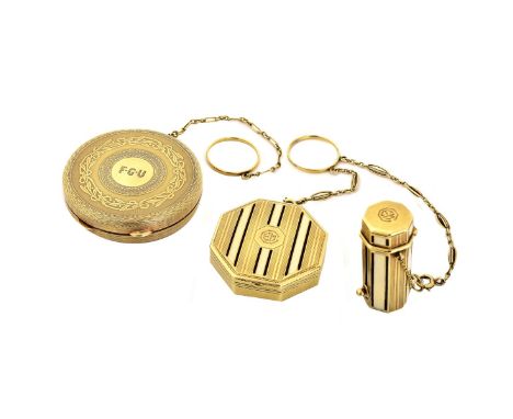 Antique Tiffany & Co 14 Karat Yellow Gold and Enamel Compact Set together with Antique 14 Karat Yellow Gold Compact. Signed T