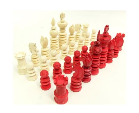 19th Century Staunton Ivory 32 Piece Chess Set. Wood box included. Natural and stained red pieces. Unsigned. Staunton box inc