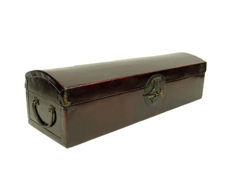 Antique Chinese Lacquered Leather Scroll Box. With key. Unsigned. Measures 6-7/8" H x 25-1/4" L x 8-1/4" Condition: Some wear