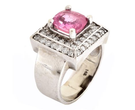 Vintage Oval Cut Pink Stone, Diamond and 14 Karat White Gold Ring. Stamped 14K. Ring size 5. Approx. weight: 7.2 grams. Condi