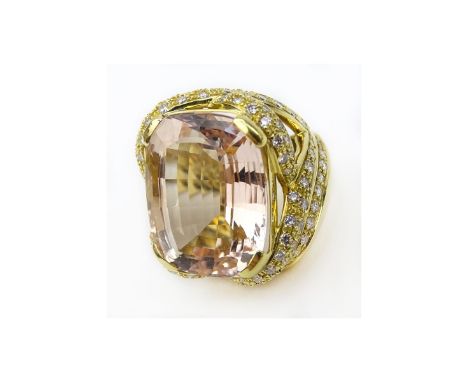 Lady's Approx. 30.0 Carat Gem Quality Cushion Cut Kunzite, 2.50 Carat Round Cut Diamond and 18 Karat Yellow Gold Ring. Diamon