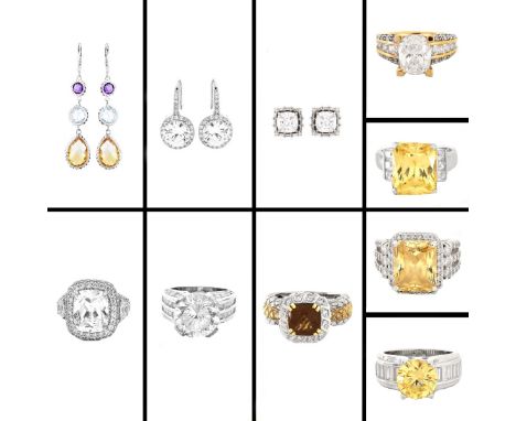 Seven Sterling Silver and CZ / Faux Gemstone Rings and Three Pair of Sterling Silver and CZ / Faux Gemstone Earrings. Stamped