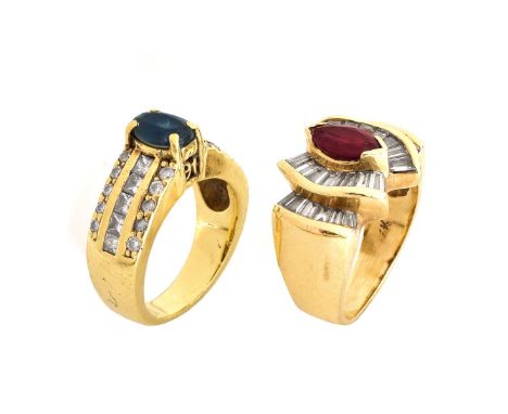 Vintage Marquise Cut Ruby, Diamond and 14 Karat Yellow Gold Ring together with Oval Cut Sapphire, Diamond and 18 Karat Yellow