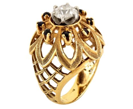 Vintage Approx. 1.0 Carat Old European Cut Cut Diamond, Sapphire and 14 Karat Yellow Gold Dome Ring. Diamond G-H color, I1 cl