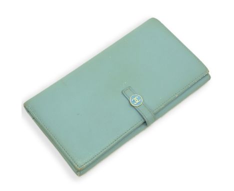 Chanel Light Blue Leather Long Bifold Wallet. Gold tone hardware, 7 slots interior. Labeled appropriately. Serial #9164158. M