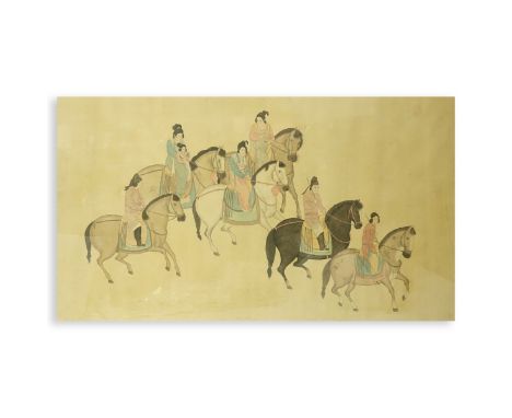 Chinese Song Dynasty Style Ink and Color Silk Scroll Painting, Court Ladies on Horse Back. Signed with red seal stamps. Measu