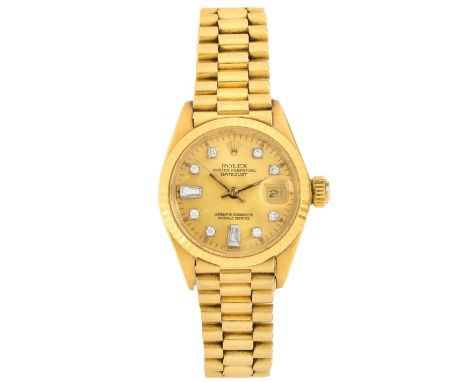 Lady's Circa 1983 Rolex 18 Karat Yellow Gold Date-Just Chronometer with Diamond Hour Markers, with Box, Papers and Additional