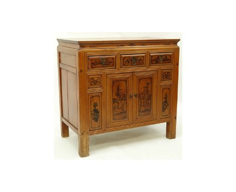 Circa 1900 Chinese Cypress Wood Cabinet with Three (3) Drawers, Two (2) Doors, Painted Decoration to Front. Unsigned. Measure