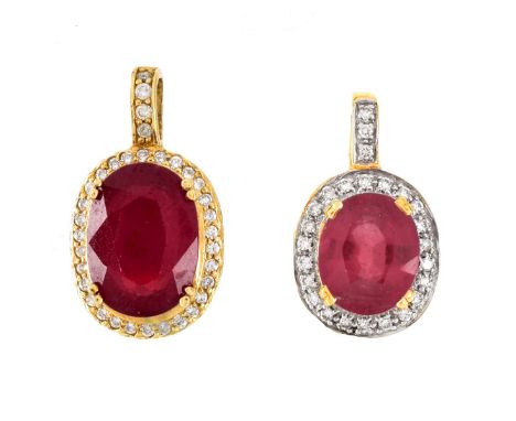Glass Filled Oval Cut Ruby, Diamond and 18 Karat Yellow Gold Pendant together with a Glass Filled Oval Cut Ruby, Diamond and 