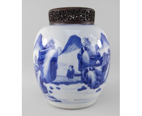 CHINESE BLUE &amp; WHITE PORCELAIN 'SCHOLARS AND LANDSCAPE' JAR, Kangxi, of ovoid form, painted with a broad continuous friez