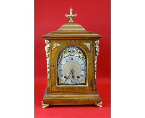 VICTORIAN GILT METAL MOUNTED OAK PAGODA TOP BRACKET CLOCK, silvered arched Roman dial with subsidiary Slow / Fast dial, twin 