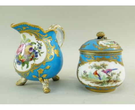 SEVRES-STYLE PORCELAIN BLEU CELESTE MILK JUG &amp; CHOCOLATE CUP, 19th Century or later, jug decorated with with raised toole