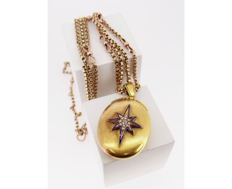 18CT GOLD LOCKET ON 9CT GOLD CHAIN, the locket decorated with enamel, seed pearl and diamond (0.1ct approx.) North Star, the 