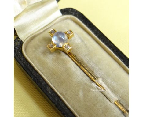 CASED MOONSTONE &amp; DIAMOND STICK PIN, yellow metal set, in original vintage box marked 'Mrs. Newman, 10, Savile Row, W.', 