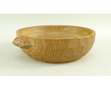 ROBERT 'MOUSEMAN' THOMPSON OAK NUT BOWL, adzed outside with 'signature' mouse carved in relief, 16cms diam. Provenance: consi