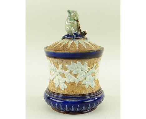 DOULTON LAMBETH TOBACCO JAR &amp; COVER attributed to George Tinworth, the lid with seated mouse smoking a pipe on a blue cus