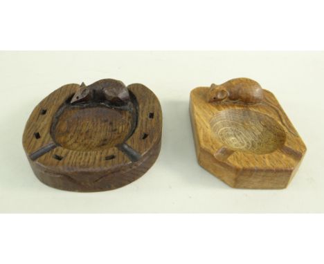 TWO ROBERT 'MOUSEMAN' THOMPSON OAK ASHTRAYS, one carved as a horseshoe, the other of canted rectangular shape, both with left