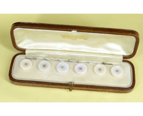 CASED SET OF SIX OPAL DRESS BUTTONS of circular shape in original vintage jewellery box marked 'Mrs Newman Goldsmith &amp; Co