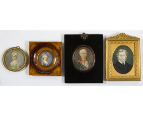 TWO FRENCH DECORATIVE PORTRAIT MINIATURES OF LADIES, C1900, A VICTORIAN BAXTER PRINT OF THE DUKE OF WELLINGTON AND A VICTORIA