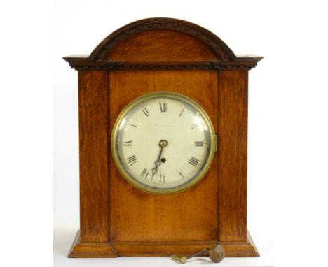 A VICTORIAN FUSEE TIMEPIECE, THE PAINTED DIAL INSCRIBED PEARCE AND JONES, IN LATER OAK BRACKET CLOCK CASE WITH ARCHED PEDIMEN