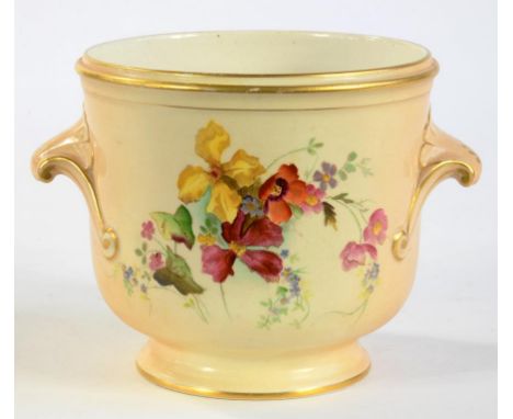 A ROYAL WORCESTER CACHE POT, PRINTED AND PAINTED WITH NATURALISTIC FLOWERS ON A SHADED APRICOT GROUND, 12CM H, GREEN PRINTED 