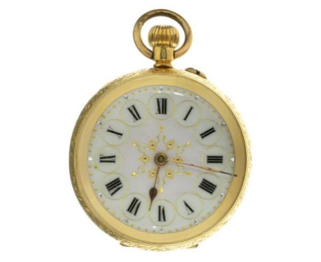 A SWISS GOLD KEYLESS LEVER LADY'S WATCH, WITH ENAMEL DIAL, IN ENGRAVED CASE MARKED 18K, C1900