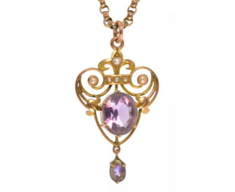 AN AMETHYST, SPLIT PEARL AND GOLD OPENWORK PENDANT, MARKED 9CT, EARLY 20TH C, ON GOLD NECKLET, 7.1G