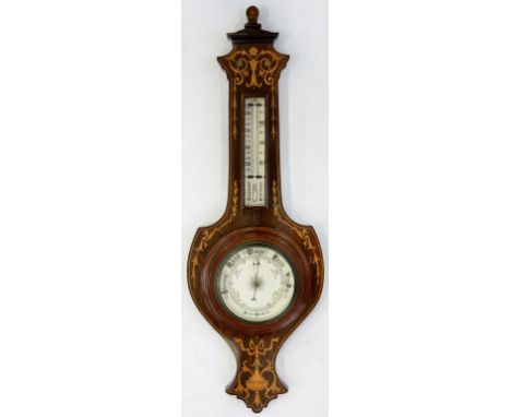 AN INLAID ROSEWOOD ANEROID BAROMETER, WITH THERMOMETER, 59CM H, C1900