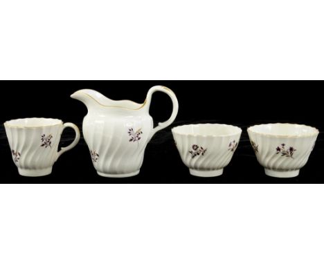 A FLIGHT AND BARR SPIRALLY FLUTED OR 'SHANKED' CREAM JUG, DECORATED IN PURPLE ENAMEL AND GILT WITH SPRIGS, 10.5CM H AND A COF