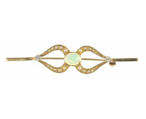 AN OPAL, DIAMOND AND SPLIT PEARL BAR BROOCH, IN GOLD, 2.8G