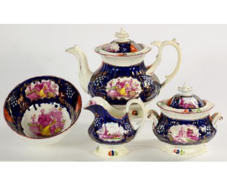 A GAUDY WELSH TEAPOT AND COVER, SUCRIER AND COVER, CREAM JUG AND SLOP BASIN EN SUITE, RESERVE RED WITH PURPLE BAT PRINTS, HEI