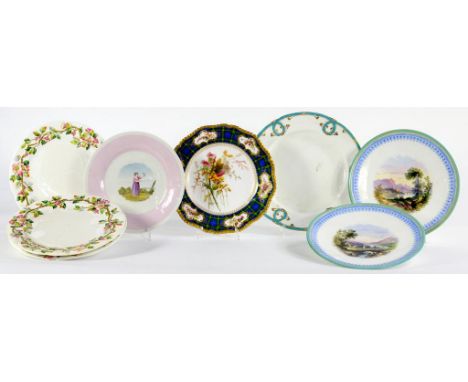 EIGHT FLIGHT, BARR & BARR, ROYAL WORCESTER AND OTHER DESSERT PLATES, INCLUDING A SET OF THREE WITH BRIGHTLY COLOURED MOULDED 