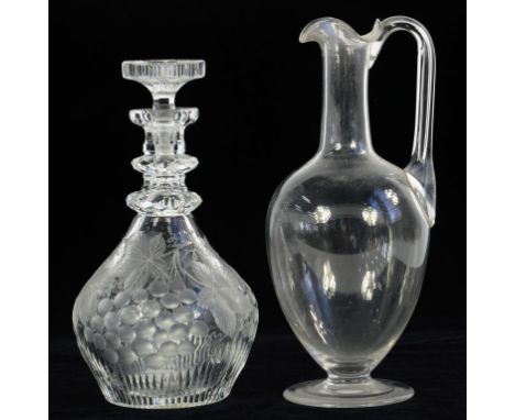 AN UNUSUALLY HEAVY CUT AND WHEEL ENGRAVED GLASS DECANTER AND STOPPER, WITH TWO FACETED NECK RINGS, THE SHOULDERED DECANTER EN