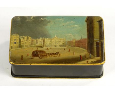 NOTTINGHAM INTEREST. A VICTORIAN PAPIER MACHE SNUFF BOX, THE (DETACHED) LID PAINTED WITH THE OLD MARKET SQUARE, 9.5CM W