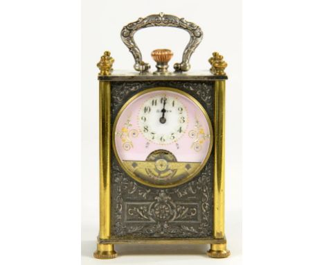A DECORATIVE FRENCH BRASS AND SILVERED ELECTROTYPE CARRIAGE TIMEPIECE, THE EIGHT DAY WATCH WITH PINK ENAMEL DIAL AND HEBDOMAS