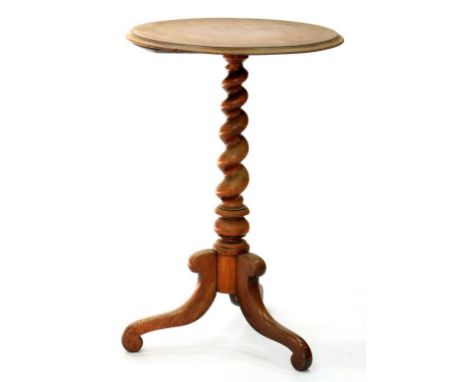 A VICTORIAN WALNUT TRIPOD TABLE, WITH TAPERING SPIRAL TURNED PILLAR, 48CM D, FADED