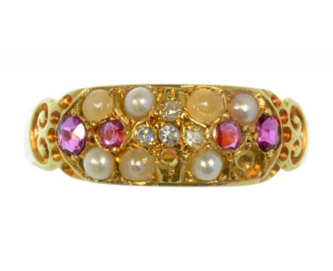 A VICTORIAN RUBY, DIAMOND AND SPLIT PEARL RING, IN 18CT GOLD, CHESTER 1894, 2.3G, SEVERAL STONES DEFICIENT