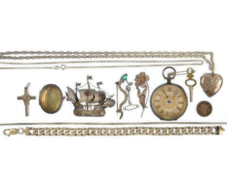 A SILVER AND ENAMEL SPANISH GALLEON BROOCH, A SILVER LADY'S WRISTWATCH WITH ENGRAVED DIAL AND OTHER SILVER ARTICLES