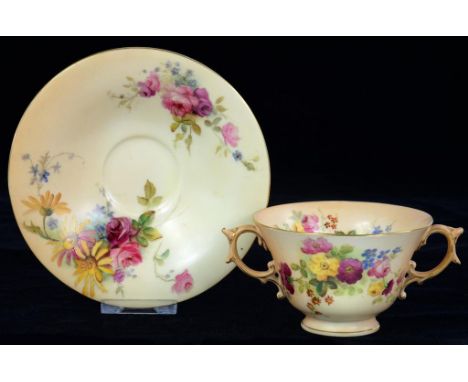 A ROYAL WORCESTER TWO HANDLED CUP AND SAUCER, PRINTED AND PAINTED WITH NATURALISTIC FLOWERS ON A SHADED APRICOT GROUND, SAUCE