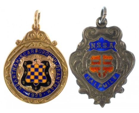 A 9CT GOLD AND ENAMEL WATCH FOB SHIELD, DATED 1929, REVERSE ENGRAVED G FOSTER, BIRMINGHAM 1929, 8G AND A SILVER AND ENAMEL WA