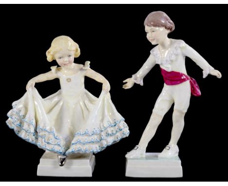 A PAIR OF ROYAL WORCESTER FIGURES OF MASQUERADE BOY AND MASQUERADE GIRL, MODELLED BY F. G. DOUGHTY, BOY 17.5CM H, BLACK PRINT