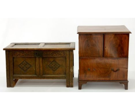 A 19TH C MAHOGANY AND LINE INLAID COMMODE, 66CM W, ALTERED AND AN OAK CHEST WITH TWIN LOZENGE CARVED PANELS AND CHANNELLED ST