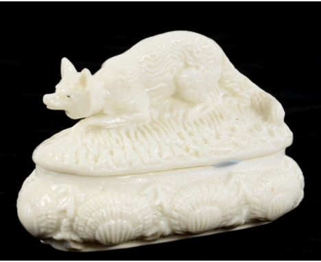 A ROYAL WORCESTER GLAZED PORCELAIN BOX AND COVER IN THE FORM OF A FOX, ON SHELL AND CORAL BASE, 8CM H, C1880
