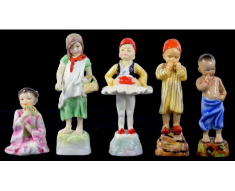 FIVE ROYAL WORCESTER FIGURES OF CHILDREN, FROM THE COUNTRIES OF THE WORLD SERIES MODELLED BY F. G. DOUGHTY, 14CM H AND SMALLE